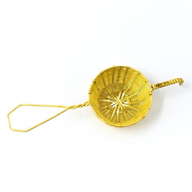Petite Golden Handwoven Brass Tea Strainer Basket Style