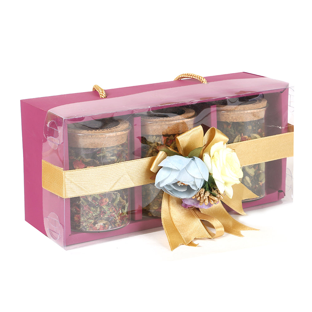 Enchanteas Premium Tea Mauve Magic Gift Hamper | 3 Borosilicate Glass Jars contains Tea Leaves | Gift For All Occasions | Ideal for Gifting