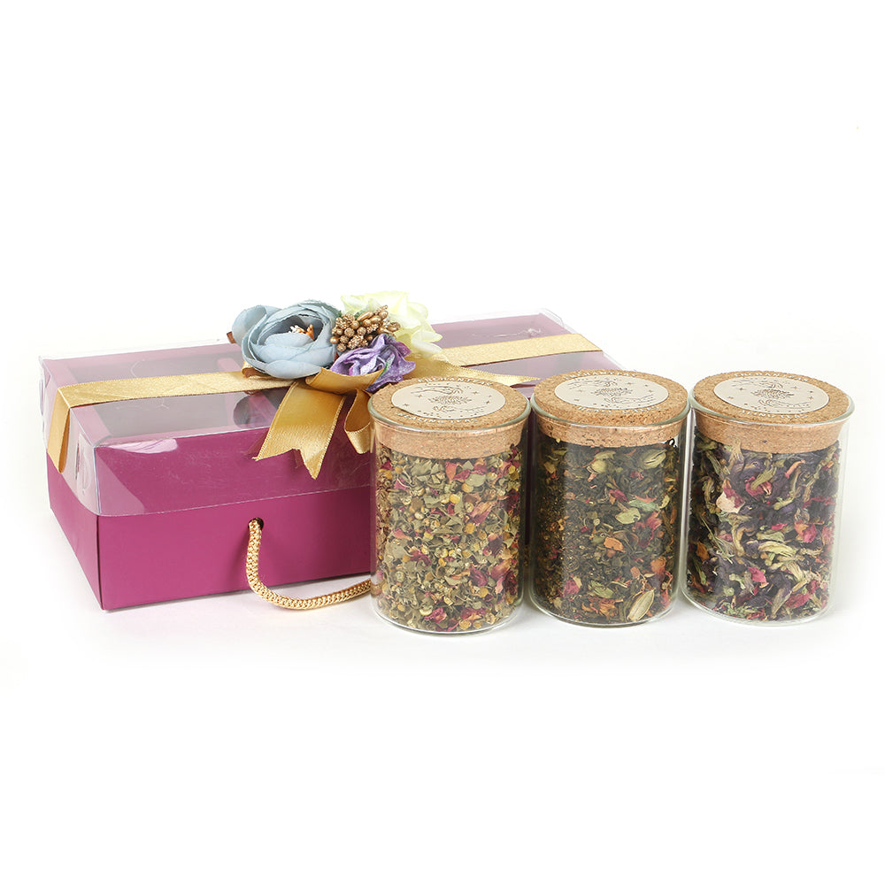 Enchanteas Premium Tea Mauve Magic Gift Hamper | 3 Borosilicate Glass Jars contains Tea Leaves | Gift For All Occasions | Ideal for Gifting